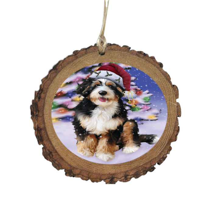 Winterland Wonderland Bernedoodle Dog In Christmas Holiday Scenic Background Wooden Christmas Ornament WOR49516
