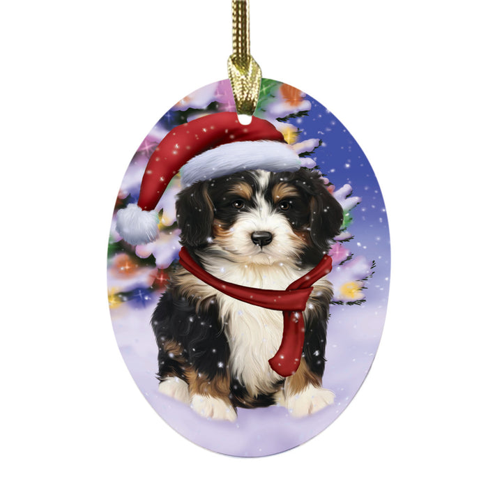 Winterland Wonderland Bernedoodle Dog In Christmas Holiday Scenic Background Oval Glass Christmas Ornament OGOR49517