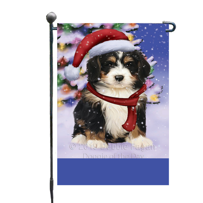 Personalized Winterland Wonderland Bernedoodle Dog In Christmas Holiday Scenic Background Custom Garden Flags GFLG-DOTD-A61235