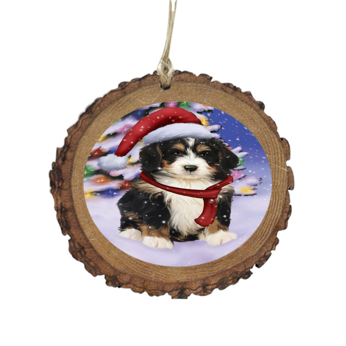 Winterland Wonderland Bernedoodle Dog In Christmas Holiday Scenic Background Wooden Christmas Ornament WOR49517