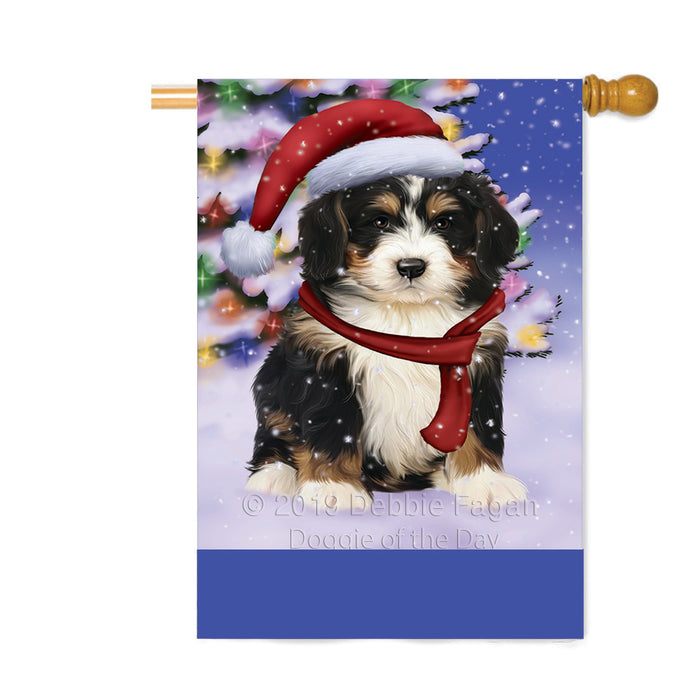 Personalized Winterland Wonderland Bernedoodle Dog In Christmas Holiday Scenic Background Custom House Flag FLG-DOTD-A61291