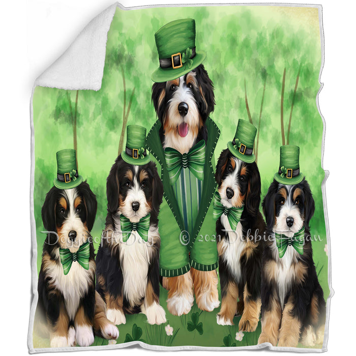St. Patricks Day Irish Family Portrait Bernedoodles Dog Blanket BLNKT58359