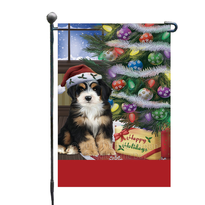 Personalized Christmas Happy Holidays Bernedoodle Dog with Tree and Presents Custom Garden Flags GFLG-DOTD-A58595