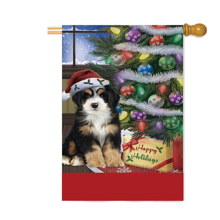 Personalized Christmas Happy Holidays Bernedoodle Dog with Tree and Presents Custom House Flag FLG-DOTD-A58651