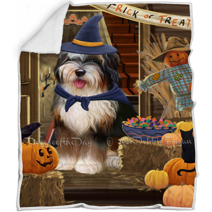Enter at Own Risk Trick or Treat Halloween Bernedoodle Dog Blanket BLNKT94287