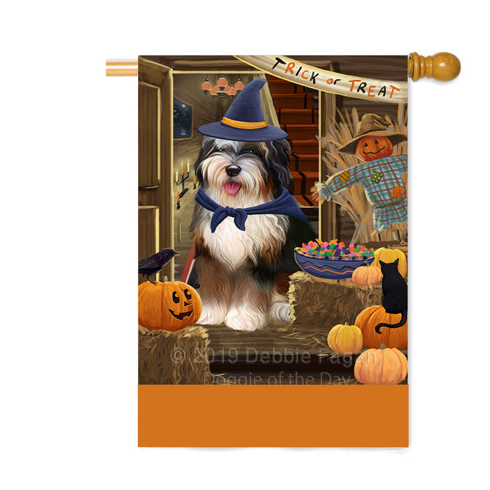 Personalized Enter at Own Risk Trick or Treat Halloween Bernedoodle Dog Custom House Flag FLG-DOTD-A59517