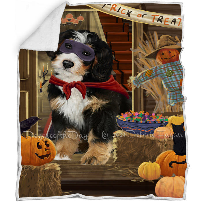 Enter at Own Risk Trick or Treat Halloween Bernedoodle Dog Blanket BLNKT94296