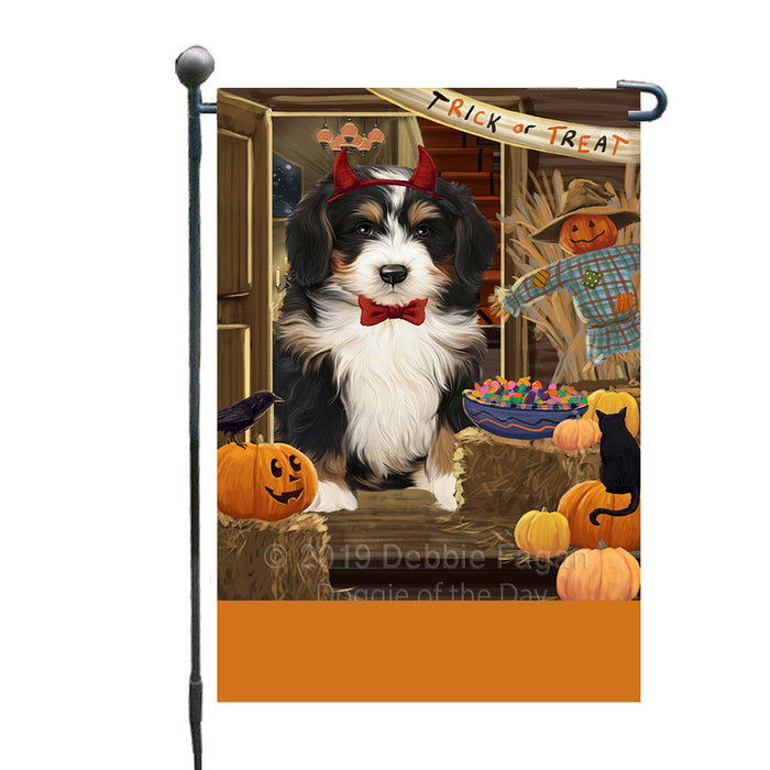 Personalized Enter at Own Risk Trick or Treat Halloween Bernedoodle Dog Custom Garden Flags GFLG-DOTD-A59463