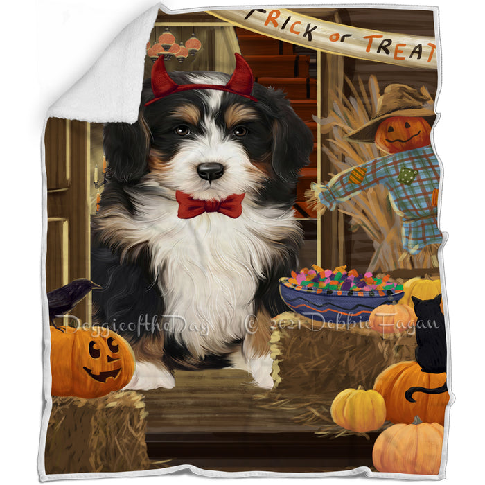 Enter at Own Risk Trick or Treat Halloween Bernedoodle Dog Blanket BLNKT94314
