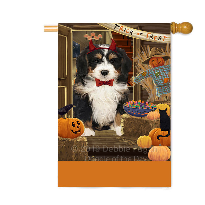 Personalized Enter at Own Risk Trick or Treat Halloween Bernedoodle Dog Custom House Flag FLG-DOTD-A59519