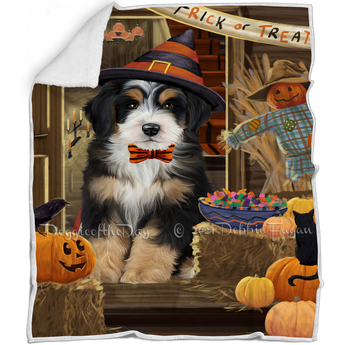 Enter at Own Risk Trick or Treat Halloween Bernedoodle Dog Blanket BLNKT94323