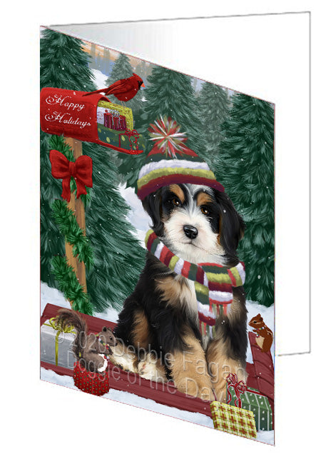 Christmas Woodland Sled Bernedoodle Dog Handmade Artwork Assorted Pets Greeting Cards and Note Cards with Envelopes for All Occasions and Holiday Seasons