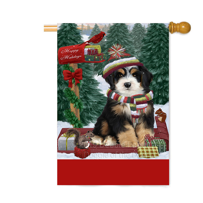 Personalized Merry Christmas Woodland Sled Bernedoodle Dog Custom House Flag FLG-DOTD-A61557