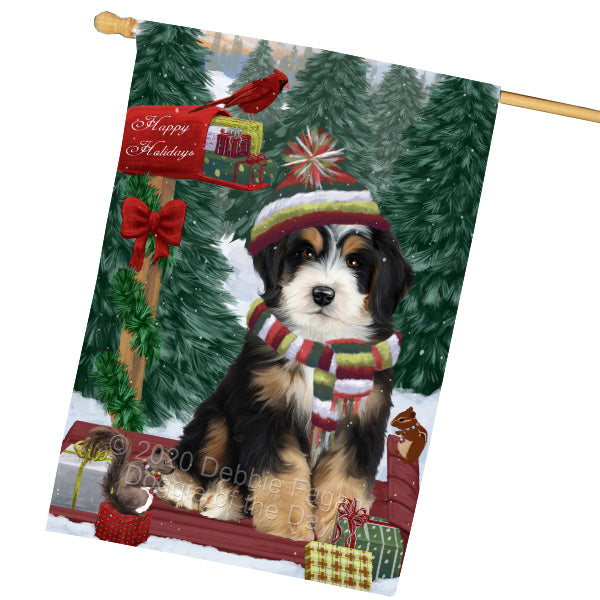 Christmas Woodland Sled Bernedoodle Dog House Flag Outdoor Decorative Double Sided Pet Portrait Weather Resistant Premium Quality Animal Printed Home Decorative Flags 100% Polyester FLG69552