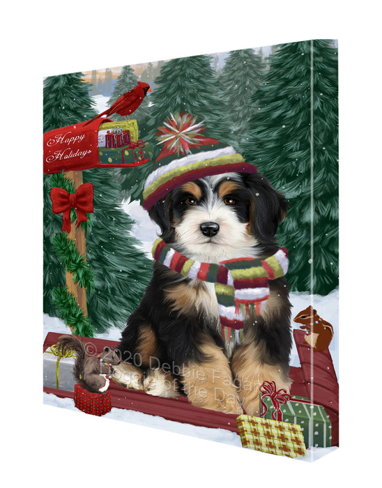 Christmas Woodland Sled Bernedoodle Dog Canvas Wall Art - Premium Quality Ready to Hang Room Decor Wall Art Canvas - Unique Animal Printed Digital Painting for Decoration CVS580
