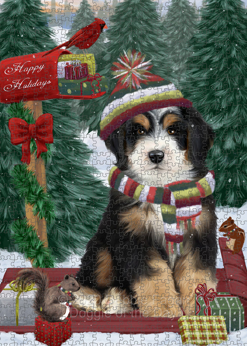 Christmas Woodland Sled Bernedoodle Dog Portrait Jigsaw Puzzle for Adults Animal Interlocking Puzzle Game Unique Gift for Dog Lover's with Metal Tin Box PZL875