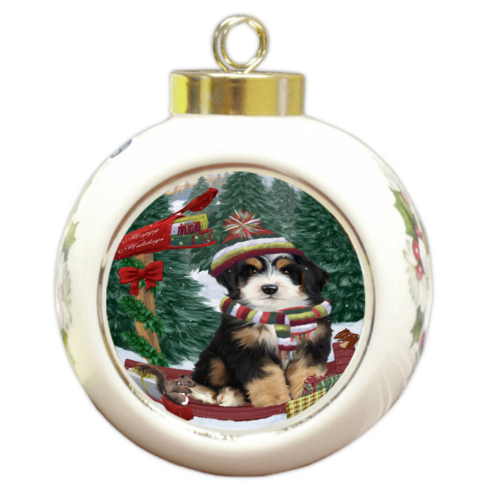 Christmas Woodland Sled Bernedoodle Dog Round Ball Christmas Ornament Pet Decorative Hanging Ornaments for Christmas X-mas Tree Decorations - 3" Round Ceramic Ornament, RBPOR59626