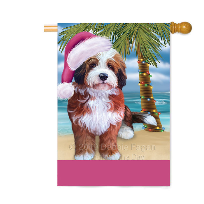 Personalized Summertime Happy Holidays Christmas Bernedoodle Dog on Tropical Island Beach Custom House Flag FLG-DOTD-A60463