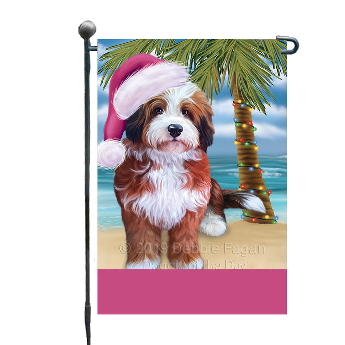 Personalized Summertime Happy Holidays Christmas Bernedoodle Dog on Tropical Island Beach  Custom Garden Flags GFLG-DOTD-A60407