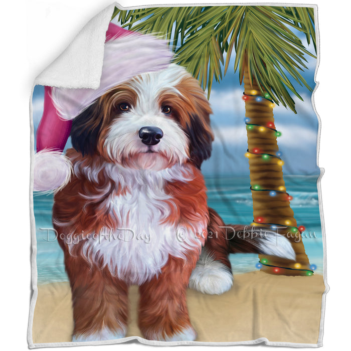 Summertime Happy Holidays Christmas Bernedoodle Dog on Tropical Island Beach Blanket D156