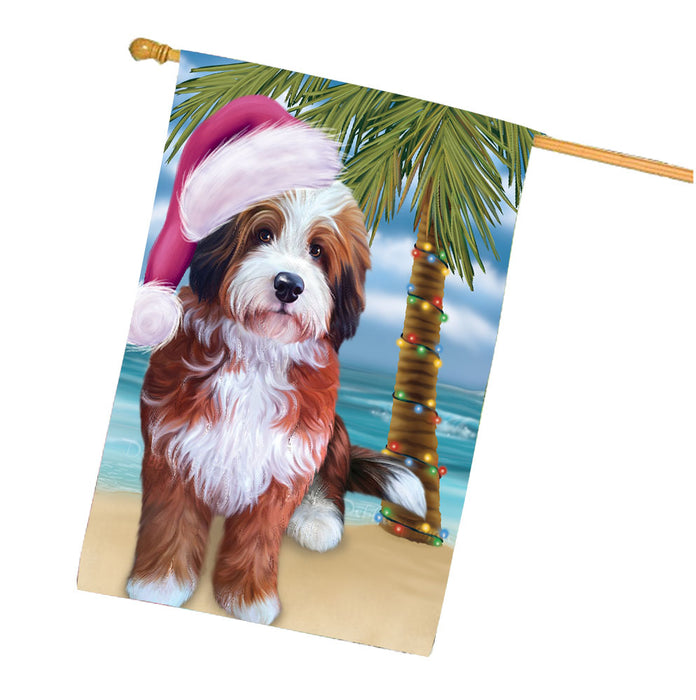 Christmas Summertime Beach Bernedoodle Dog House Flag Outdoor Decorative Double Sided Pet Portrait Weather Resistant Premium Quality Animal Printed Home Decorative Flags 100% Polyester FLG68679