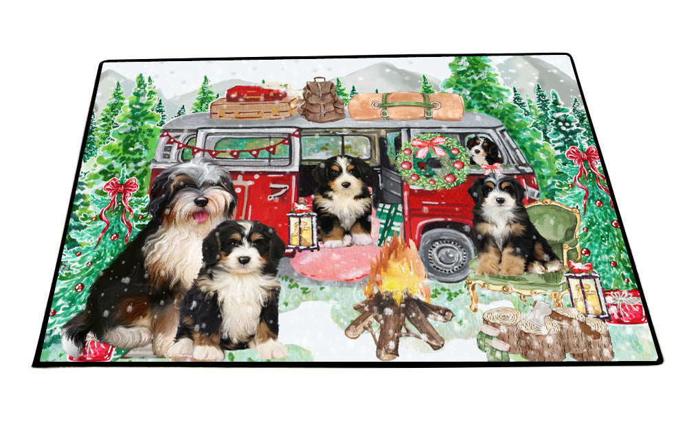 Christmas Time Camping with Bernedoodle Dogs Floor Mat- Anti-Slip Pet Door Mat Indoor Outdoor Front Rug Mats for Home Outside Entrance Pets Portrait Unique Rug Washable Premium Quality Mat