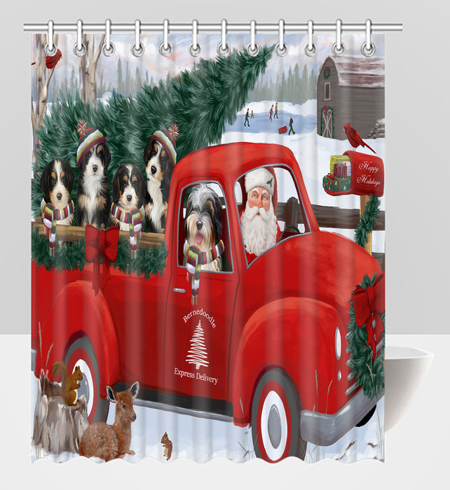 Christmas Santa Express Delivery Red Truck Bernedoodle Dogs Shower Curtain