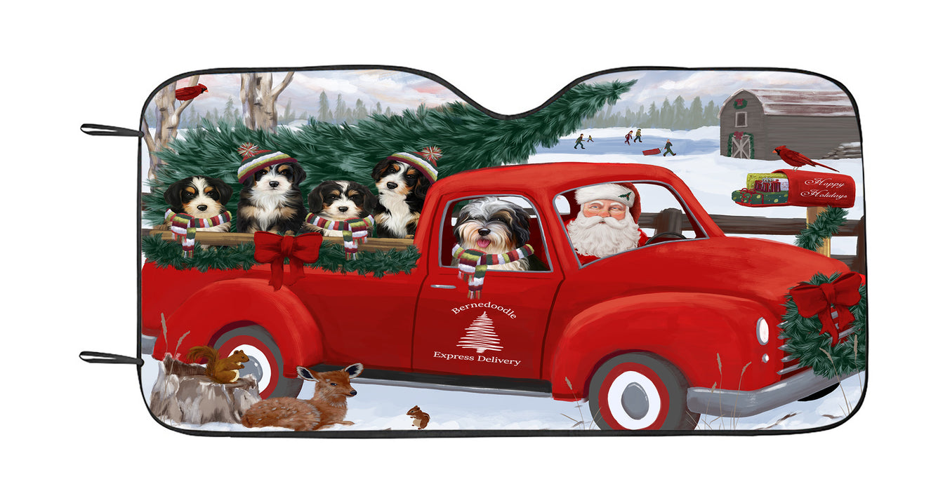 Christmas Santa Express Delivery Red Truck Bernedoodle Dogs Car Sun Shade