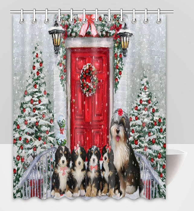 Christmas Holiday Welcome Bernedoodle Dogs Shower Curtain Pet Painting Bathtub Curtain Waterproof Polyester One-Side Printing Decor Bath Tub Curtain for Bathroom with Hooks