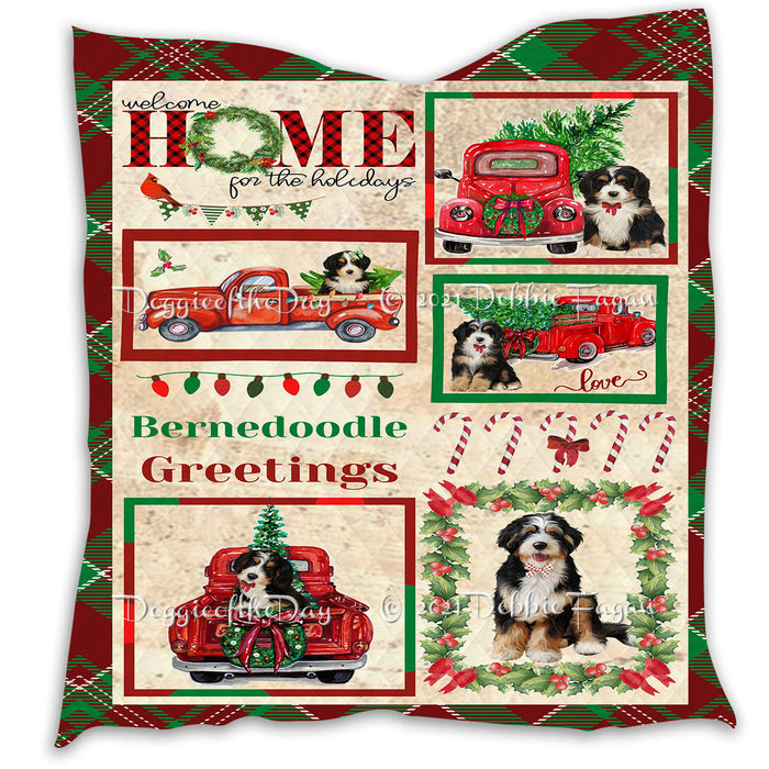 Welcome Home for Christmas Holidays Bernedoodle Dogs Quilt Bed Coverlet Bedspread - Pets Comforter Unique One-side Animal Printing - Soft Lightweight Durable Washable Polyester Quilt