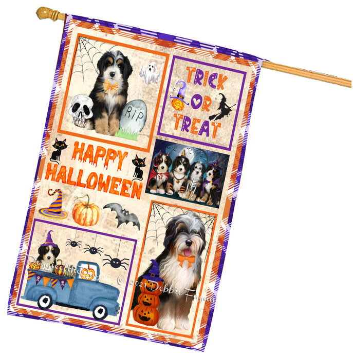 Happy Halloween Trick or Treat Bernedoodle Dogs House Flag Outdoor Decorative Double Sided Pet Portrait Weather Resistant Premium Quality Animal Printed Home Decorative Flags 100% Polyester
