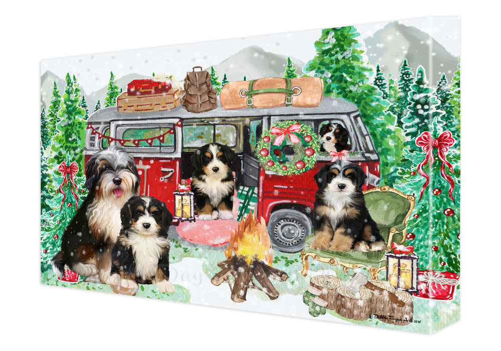 Christmas Time Camping with Bernedoodle Dogs Canvas Wall Art - Premium Quality Ready to Hang Room Decor Wall Art Canvas - Unique Animal Printed Digital Painting for Decoration