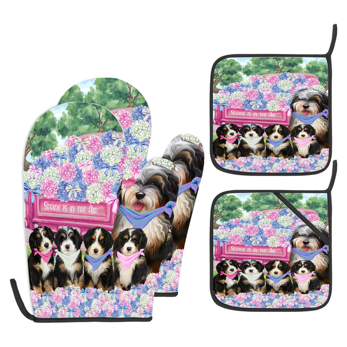 Bernedoodle Oven Mitts and Pot Holder Set, Explore a Variety of Personalized Designs, Custom, Kitchen Gloves for Cooking with Potholders, Pet and Dog Gift Lovers