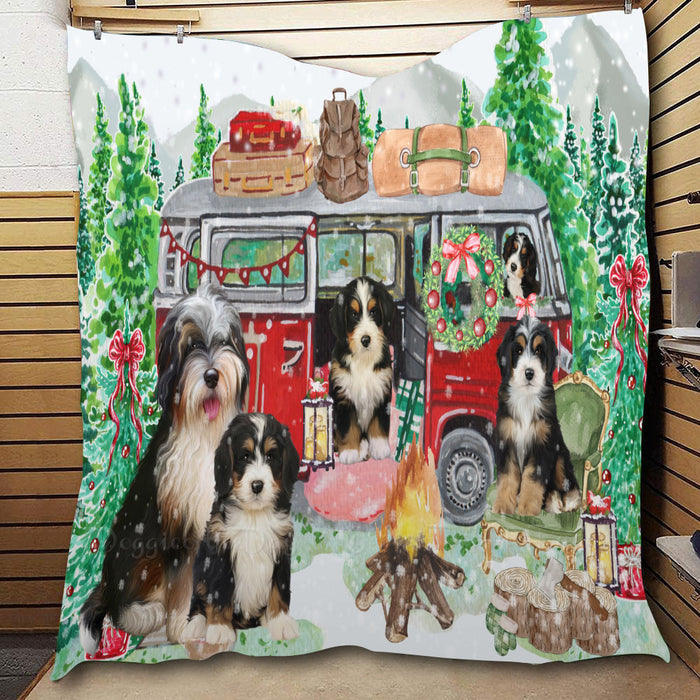 Christmas Time Camping with Bernedoodle Dogs  Quilt Bed Coverlet Bedspread - Pets Comforter Unique One-side Animal Printing - Soft Lightweight Durable Washable Polyester Quilt