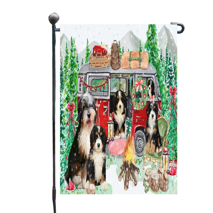 Christmas Time Camping with Bernedoodle Dogs Garden Flags- Outdoor Double Sided Garden Yard Porch Lawn Spring Decorative Vertical Home Flags 12 1/2"w x 18"h