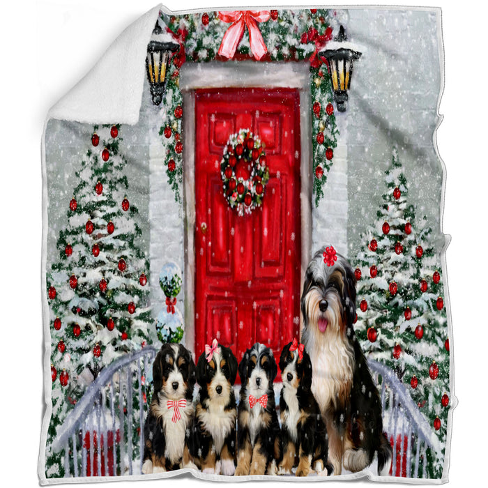 Christmas Holiday Welcome Bernedoodle Dogs Blanket - Lightweight Soft Cozy and Durable Bed Blanket - Animal Theme Fuzzy Blanket for Sofa Couch