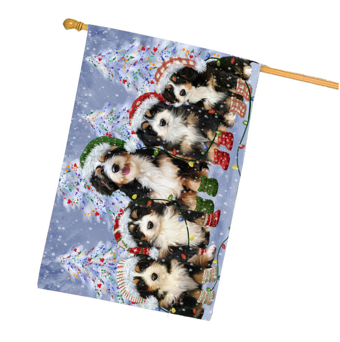 Christmas Lights and Bernedoodle Dogs House Flag Outdoor Decorative Double Sided Pet Portrait Weather Resistant Premium Quality Animal Printed Home Decorative Flags 100% Polyester