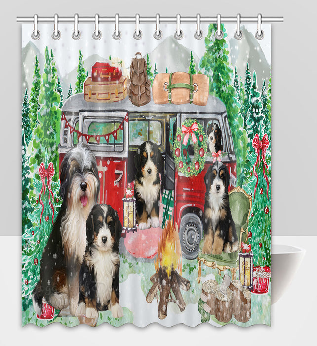 Christmas Time Camping with Bernedoodle Dogs Shower Curtain Pet Painting Bathtub Curtain Waterproof Polyester One-Side Printing Decor Bath Tub Curtain for Bathroom with Hooks