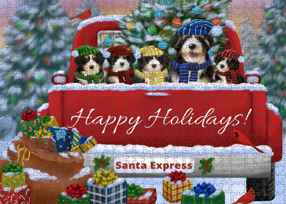Christmas Red Truck Travlin Home for the Holidays Bernedoodle Dogs Portrait Jigsaw Puzzle for Adults Animal Interlocking Puzzle Game Unique Gift for Dog Lover's with Metal Tin Box