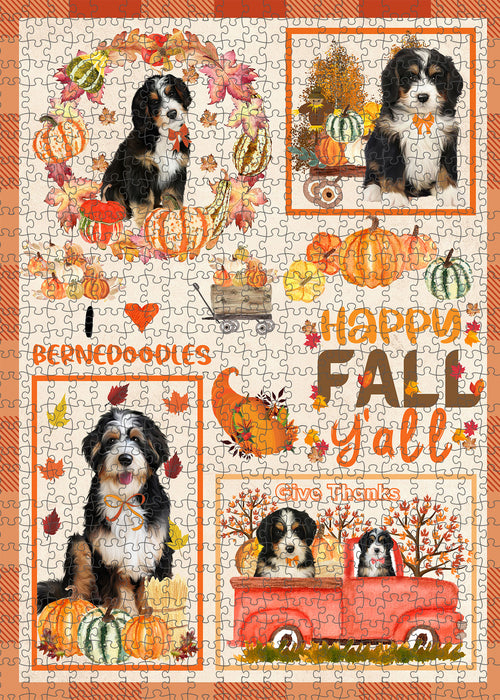 Happy Fall Y'all Pumpkin Bernedoodle Dogs Portrait Jigsaw Puzzle for Adults Animal Interlocking Puzzle Game Unique Gift for Dog Lover's with Metal Tin Box