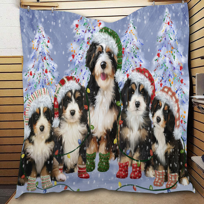 Christmas Lights and Bernedoodle Dogs  Quilt Bed Coverlet Bedspread - Pets Comforter Unique One-side Animal Printing - Soft Lightweight Durable Washable Polyester Quilt