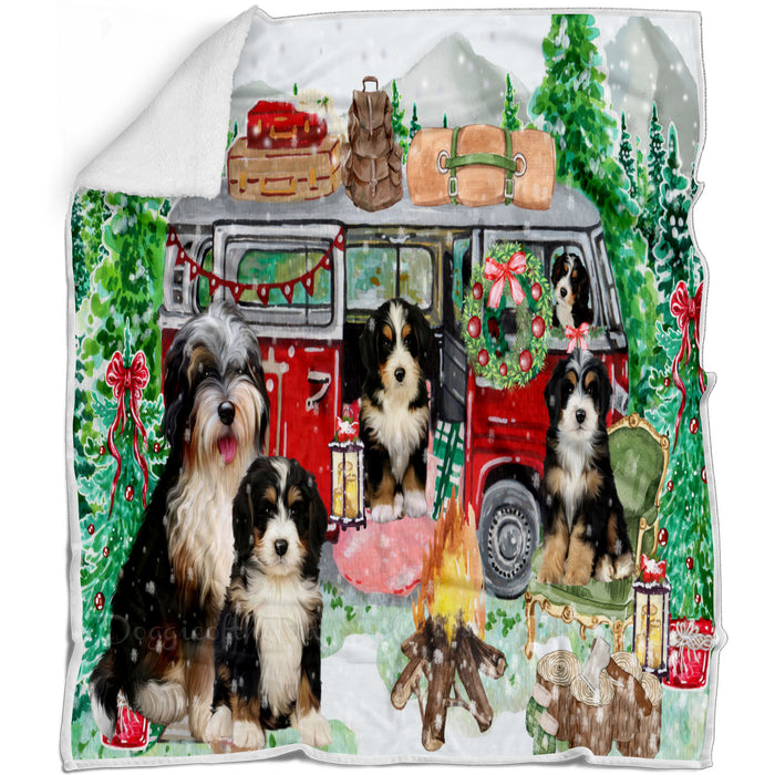 Christmas Time Camping with Bernedoodle Dogs Blanket - Lightweight Soft Cozy and Durable Bed Blanket - Animal Theme Fuzzy Blanket for Sofa Couch
