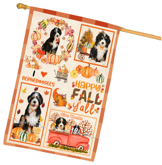 Happy Fall Y'all Pumpkin Bernedoodle Dogs House Flag Outdoor Decorative Double Sided Pet Portrait Weather Resistant Premium Quality Animal Printed Home Decorative Flags 100% Polyester