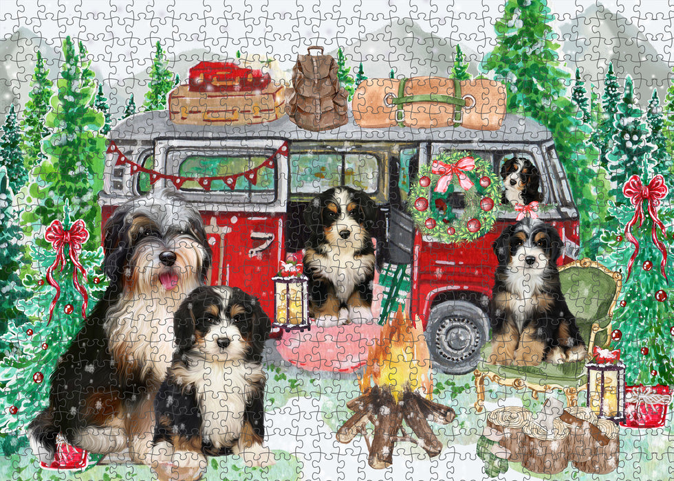 Christmas Time Camping with Bernedoodle Dogs Portrait Jigsaw Puzzle for Adults Animal Interlocking Puzzle Game Unique Gift for Dog Lover's with Metal Tin Box