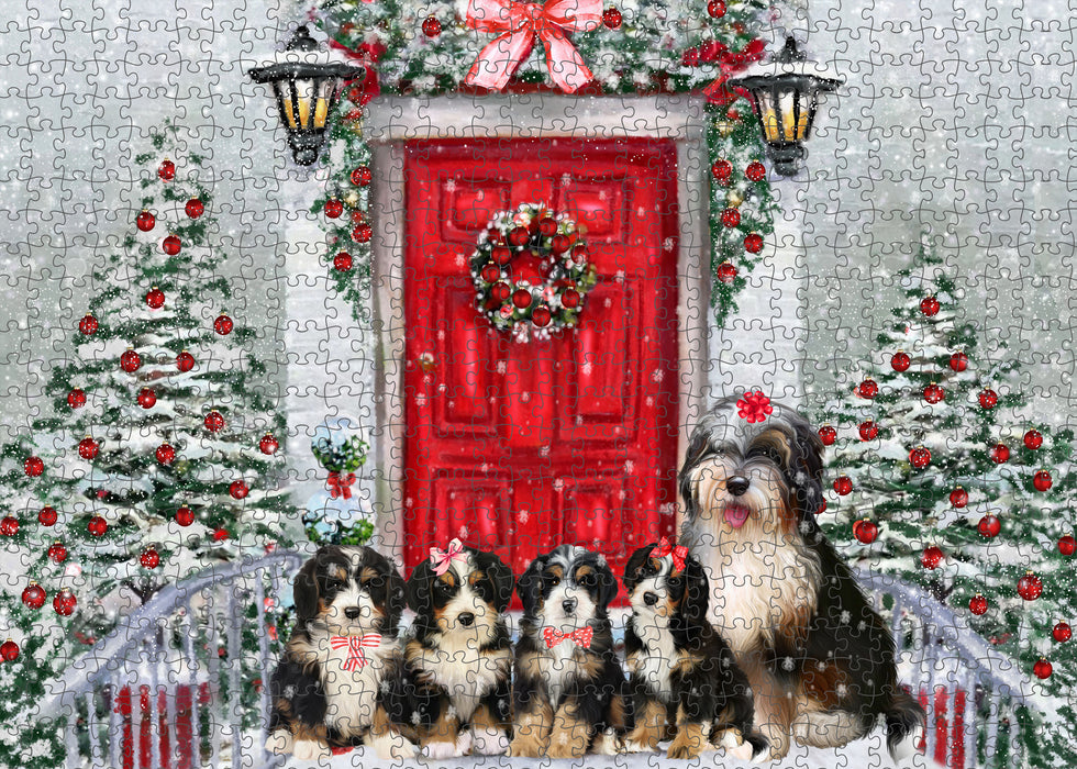 Christmas Holiday Welcome Bernedoodle Dogs Portrait Jigsaw Puzzle for Adults Animal Interlocking Puzzle Game Unique Gift for Dog Lover's with Metal Tin Box