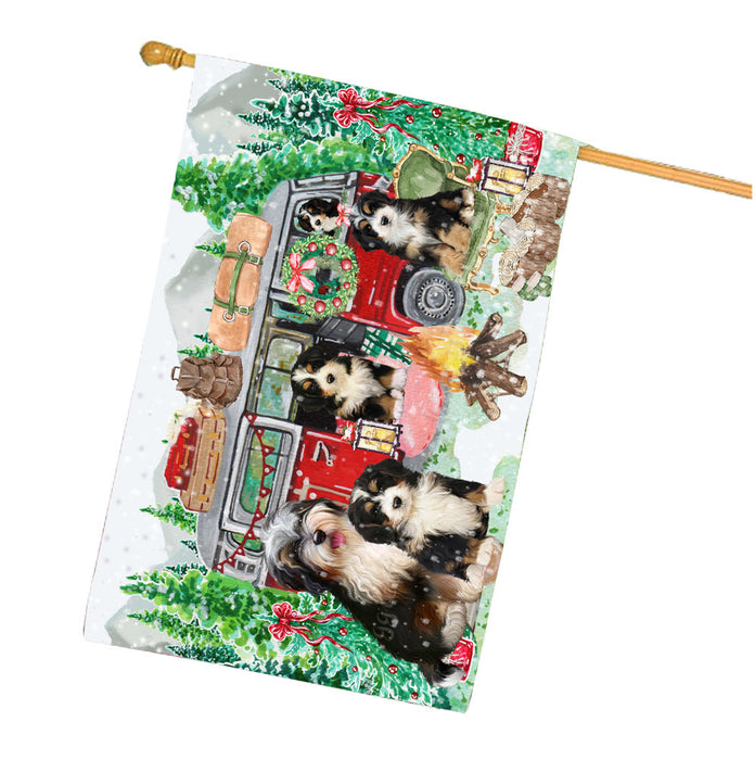 Christmas Time Camping with Bernedoodle Dogs House Flag Outdoor Decorative Double Sided Pet Portrait Weather Resistant Premium Quality Animal Printed Home Decorative Flags 100% Polyester