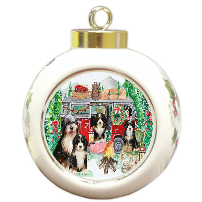 Christmas Time Camping with Bernedoodle Dogs Round Ball Christmas Ornament Pet Decorative Hanging Ornaments for Christmas X-mas Tree Decorations - 3" Round Ceramic Ornament