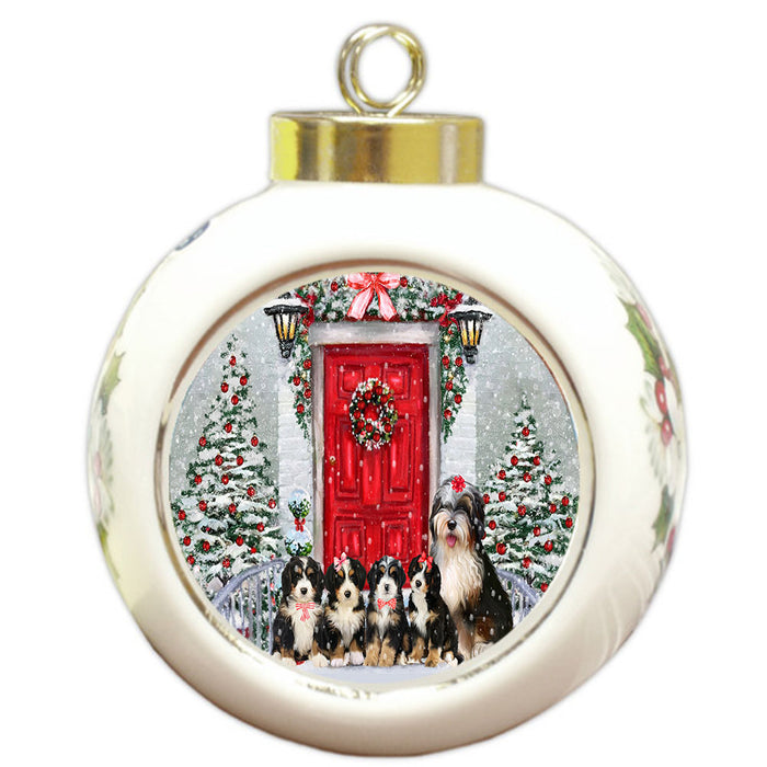 Christmas Holiday Welcome Bernedoodle Dogs Round Ball Christmas Ornament Pet Decorative Hanging Ornaments for Christmas X-mas Tree Decorations - 3" Round Ceramic Ornament