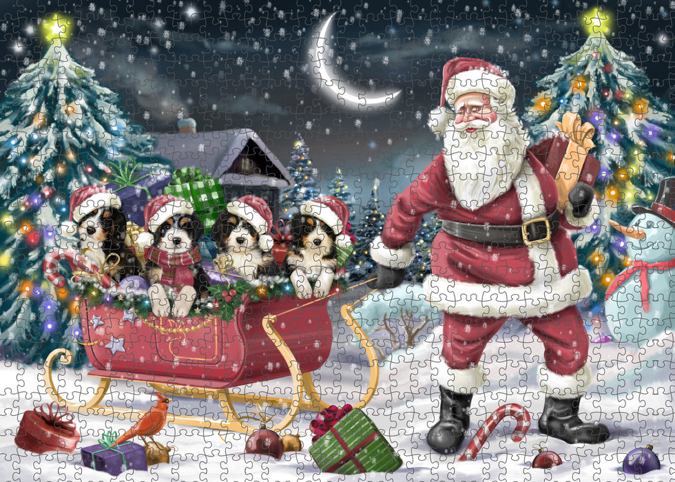Christmas Santa Sled Bernedoodle Dogs Portrait Jigsaw Puzzle for Adults Animal Interlocking Puzzle Game Unique Gift for Dog Lover's with Metal Tin Box