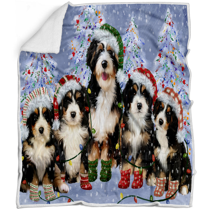 Christmas Lights and Bernedoodle Dogs Blanket - Lightweight Soft Cozy and Durable Bed Blanket - Animal Theme Fuzzy Blanket for Sofa Couch